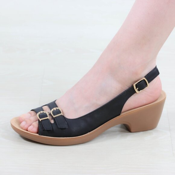 Black Slingback Wedge Sandals Women’s Open Toe Gold Buckle Comfort 2” Heel - Picture 4 of 16